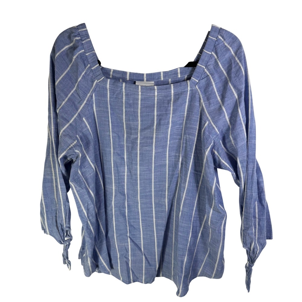 Liz Claiborne Blue White Striped Square Neck Blouse XL Cotton Blend Tie Sleeve